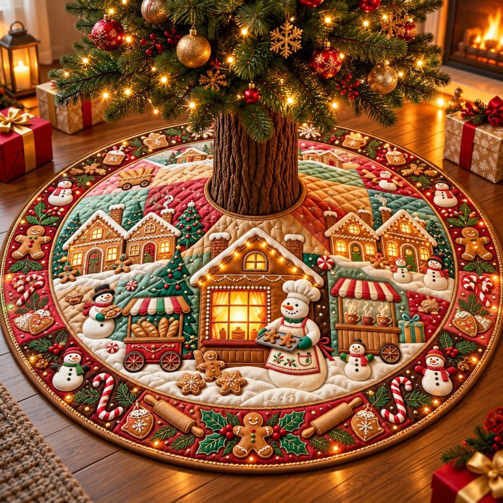 Made-To-Order Snowman Bakery Village Tree Skirt - Cozy Bakery Scenes With Snowmen, Custom Holiday Tree Base For Kitchen & Family Areas