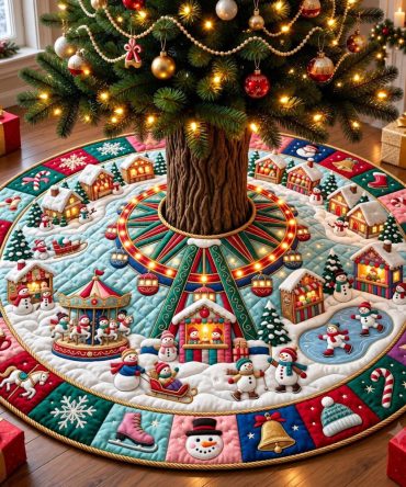 Made-To-Order Snowman Carnival Tree Skirt - Festive Carnival Scene With Snowmen, Bright Holiday Colors, Custom Christmas Tree Base