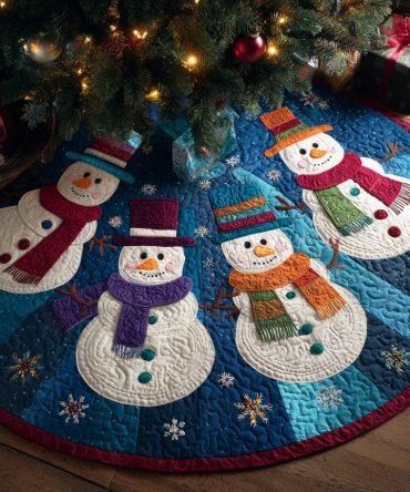 Blue Patch Snowman Family Tree Skirt — Custom-Made Snowman Family Skirt With Blue Accents, Handmade Holiday Decor