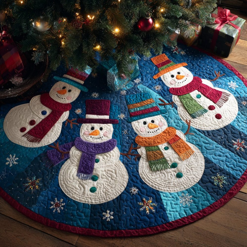 Blue Patch Snowman Family Tree Skirt — Custom-Made Snowman Family Skirt With Blue Accents, Handmade Holiday Decor