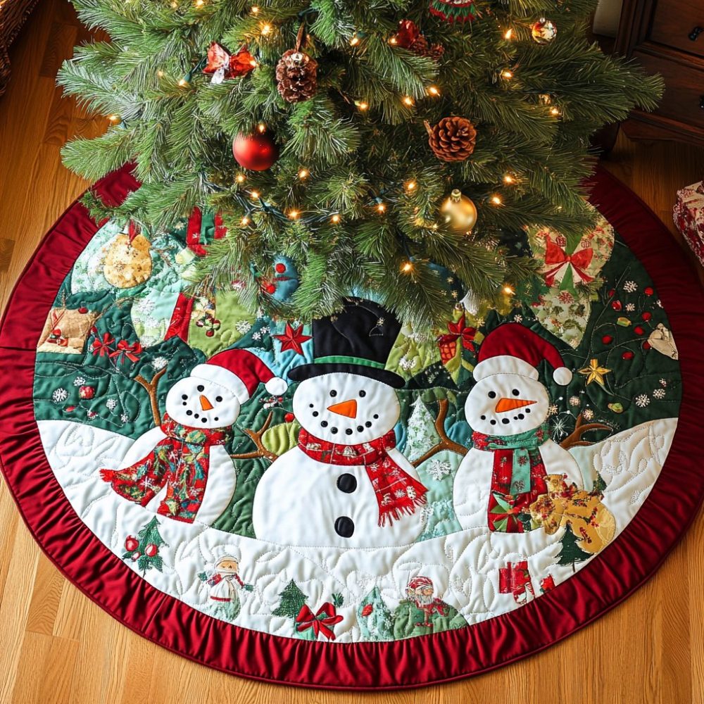 Top Hat Snowmen Patch Ring Christmas Tree Skirt — Handmade Patchwork Snowman Skirt, Custom Sizes & Fast Shipping