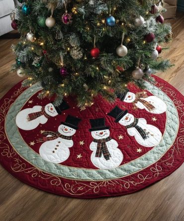 Snowman Cheer Handmade Christmas Tree Skirt — Custom-Made Festive Skirt With Joyful Snowmen, Multiple Size Options