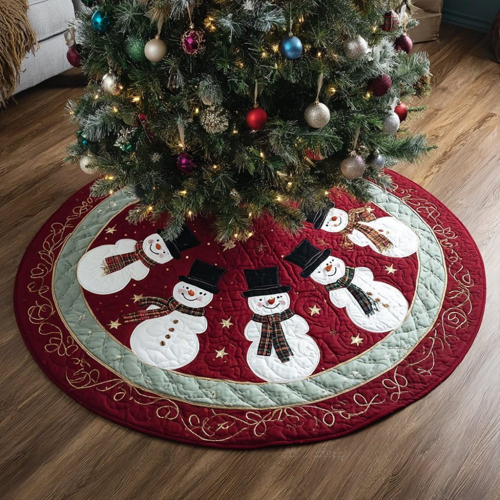 Snowman Cheer Handmade Christmas Tree Skirt — Custom-Made Festive Skirt With Joyful Snowmen, Multiple Size Options