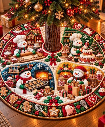 Custom Snowman Bake Shop Tree Skirt — Handmade Holiday Bakery-Themed Christmas Tree Base Cover, Personalized Festive Décor