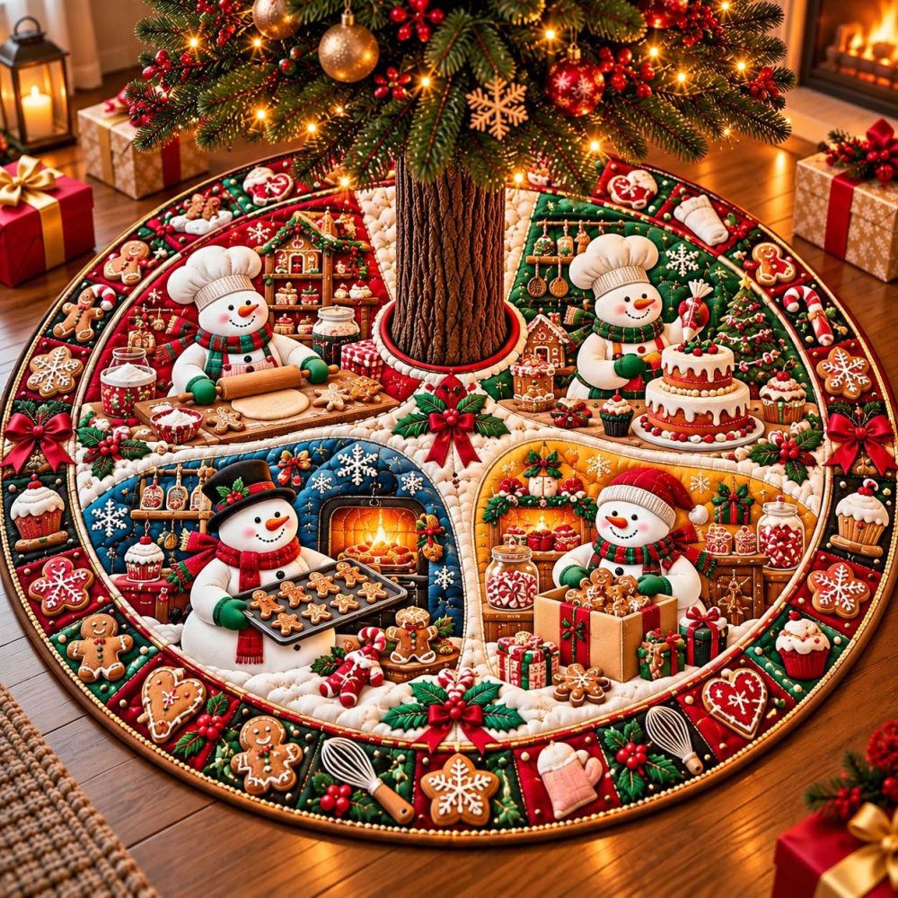 Custom Snowman Bake Shop Tree Skirt — Handmade Holiday Bakery-Themed Christmas Tree Base Cover, Personalized Festive Décor