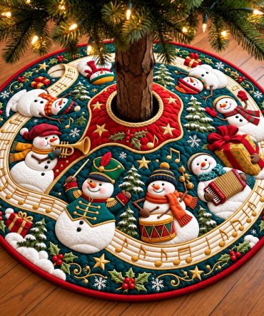 Musical Snowman Band Christmas Tree Skirt — Festive Band-Themed Holiday Mat, Custom Handmade Sizes, Durable Fabric For Joyful Family Celebrations