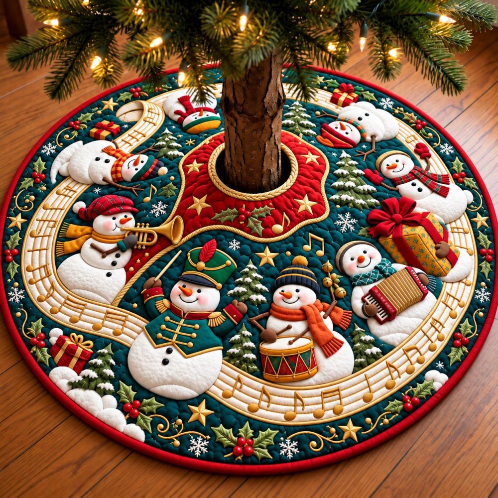 Musical Snowman Band Christmas Tree Skirt — Festive Band-Themed Holiday Mat, Custom Handmade Sizes, Durable Fabric For Joyful Family Celebrations