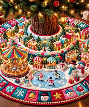 Handmade Snowman Carnival Holiday Tree Skirt — Vibrant Fairground Christmas Mat, Custom-Made Sizes, Machine-Washable & Gift-Ready Packaging