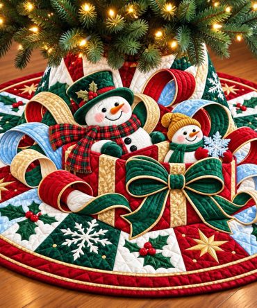 Snowman Christmas Joy Tree Skirt — Joyful Handmade Quilted Holiday Mat, Cheerful Snowman Scene, Reversible & Custom Size Options