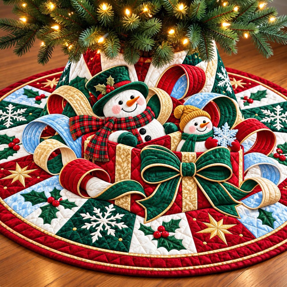 Snowman Christmas Joy Tree Skirt — Joyful Handmade Quilted Holiday Mat, Cheerful Snowman Scene, Reversible & Custom Size Options