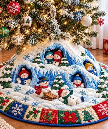 Handmade Snowman Christmas Magic Tree Skirt — Custom-Made Holiday Burlap Quilt With Cheerful Snowman, Personalized 54-60" Options