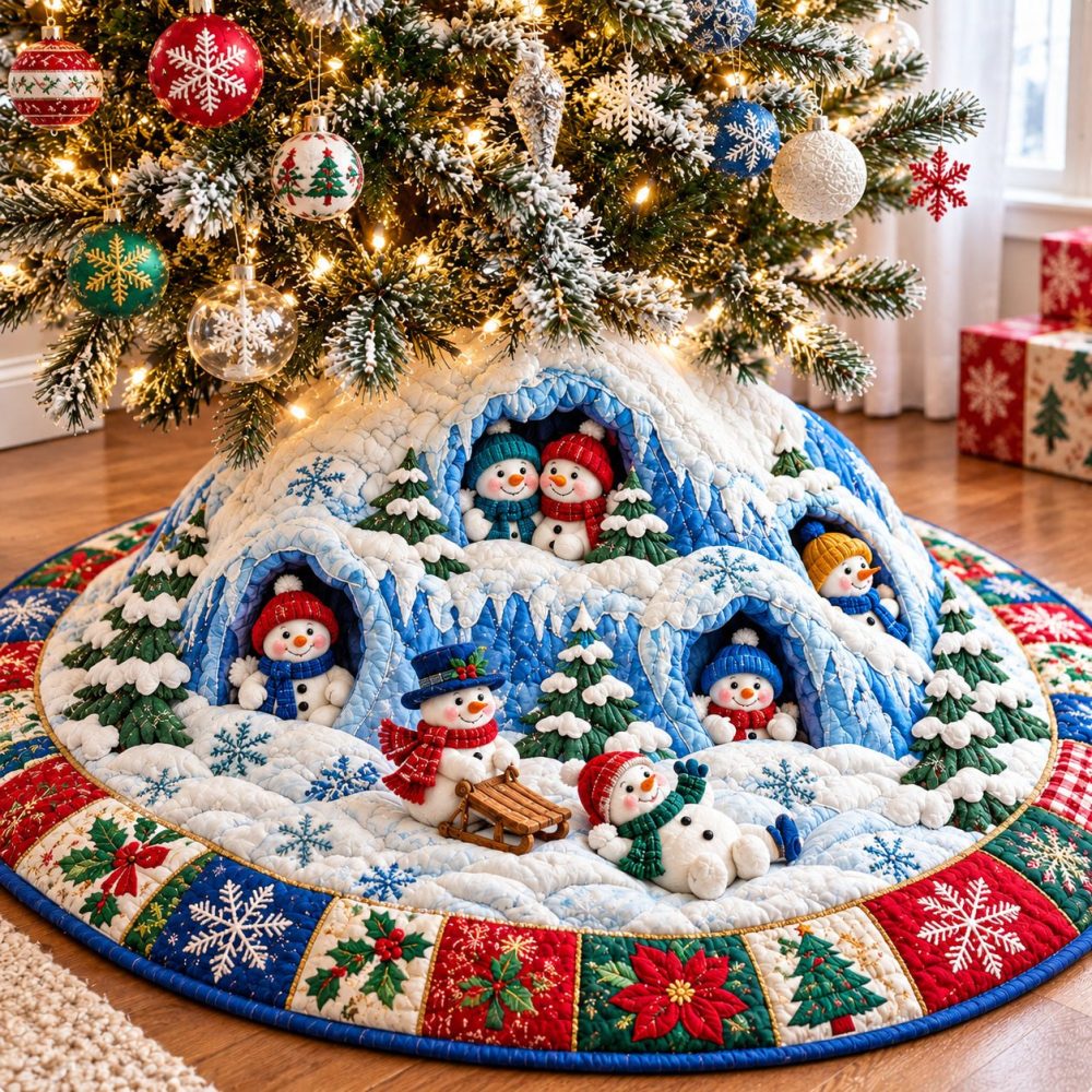 Handmade Snowman Christmas Magic Tree Skirt — Custom-Made Holiday Burlap Quilt With Cheerful Snowman, Personalized 54-60" Options
