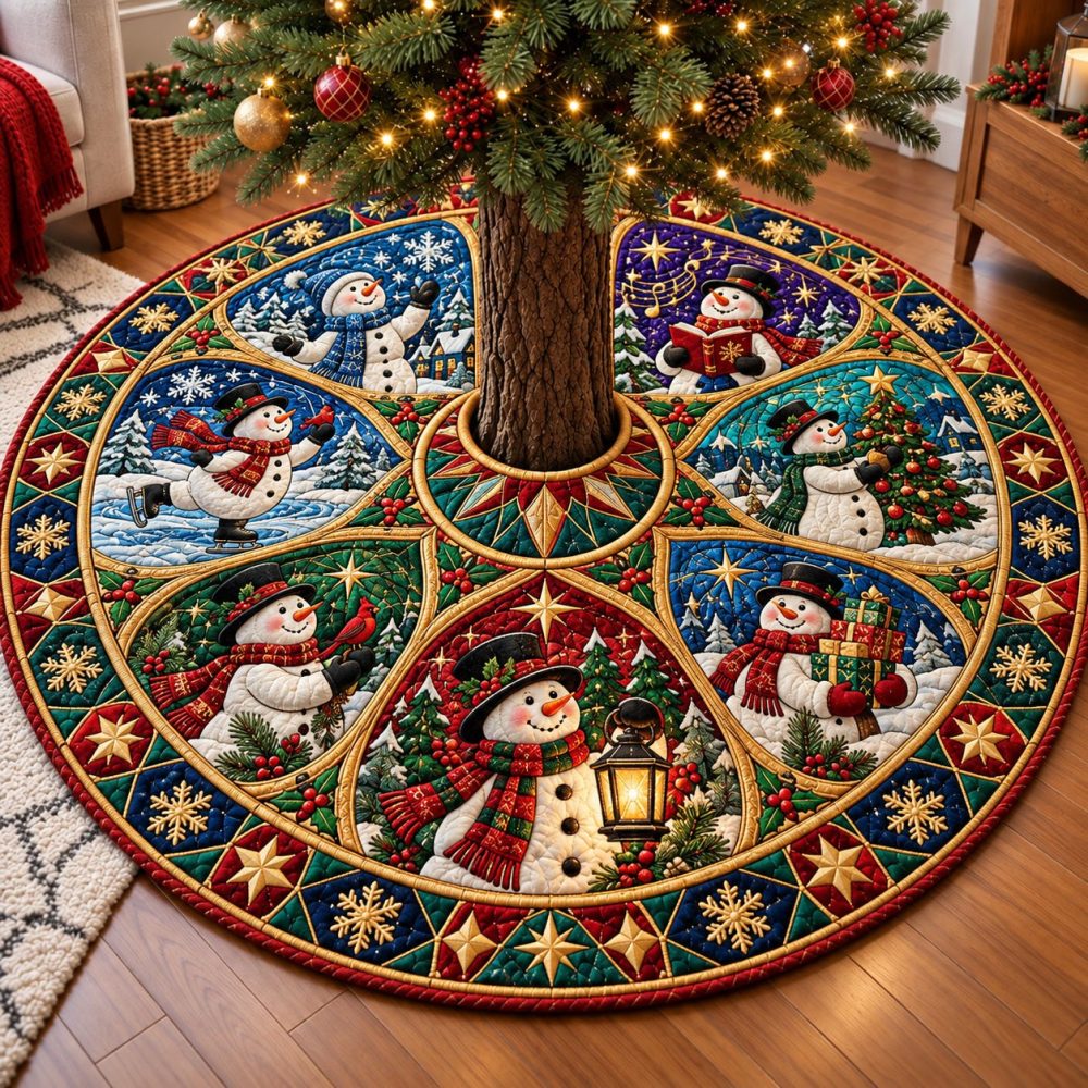 Custom Snowman Memory Holiday Tree Skirt — Handmade Personalized Christmas Tree Base Cover, Festive Indoor Décor, Made-To-Order