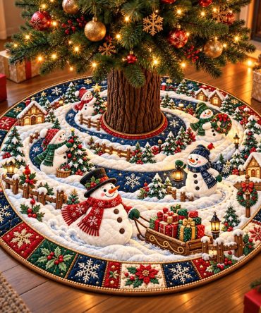 Personalized Snowman Christmas Village Tree Skirt — Handmade Holiday Tree Base Cover, Custom Festive Village Scene, Made-To-Order