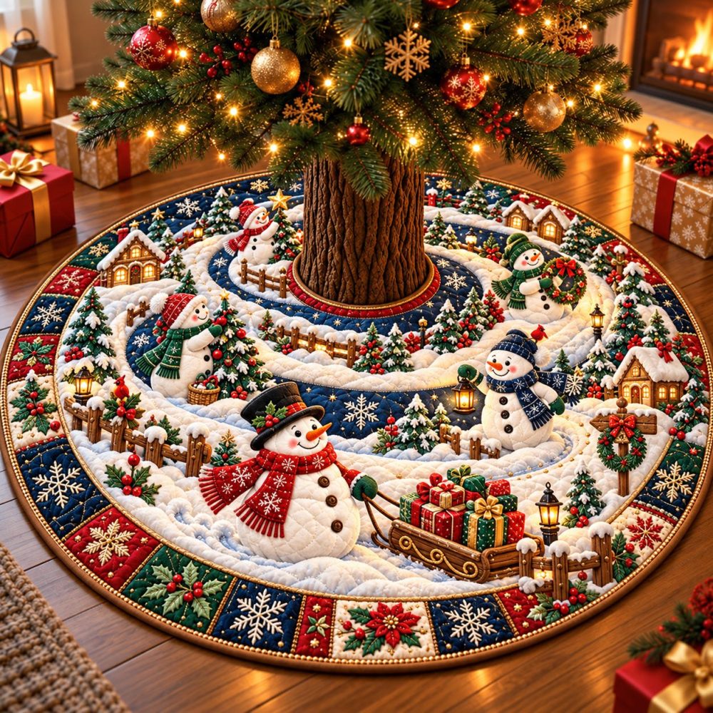 Personalized Snowman Christmas Village Tree Skirt — Handmade Holiday Tree Base Cover, Custom Festive Village Scene, Made-To-Order