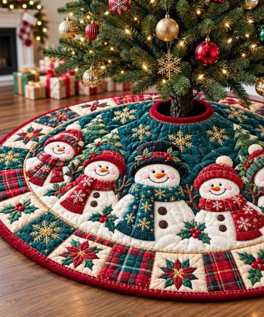 Snowman Crystal Village Tree Skirt — Handcrafted Holiday Skirt With Snowman Scene & Sparkle Embellishments, Plush Faux Fur Edge