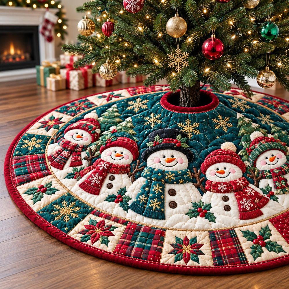 Snowman Crystal Village Tree Skirt — Handcrafted Holiday Skirt With Snowman Scene & Sparkle Embellishments, Plush Faux Fur Edge