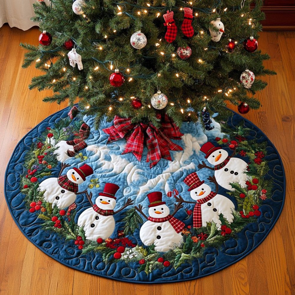 Blue Snow Wreath Snowmen Tree Skirt — Custom-Made Circular Holiday Skirt With Snowmen & Blue Wreath, Handmade