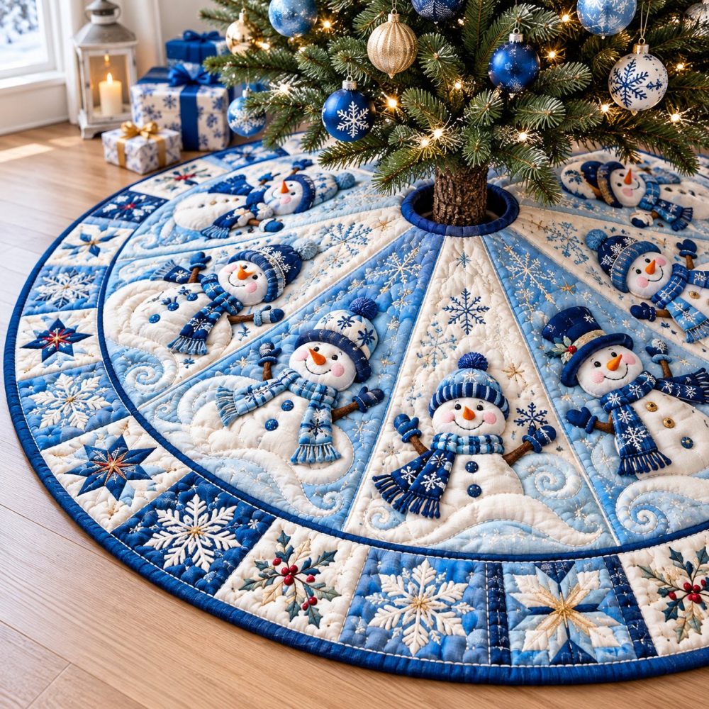 Snowman Frostlight Dreams Tree Skirt — Handcrafted Winter Wonderland Skirt With Glitter Accents, Luxury Faux Fur Trim