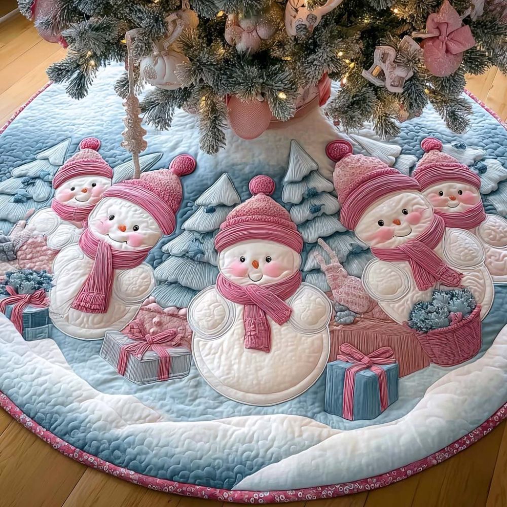 Snowman Gifts Gathering Tree Skirt — Custom-Made Holiday Skirt With Gift-Bearing Snowmen, Handmade & Available In Sizes