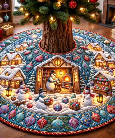 Made-To-Order Snowman Glassmaker Village Tree Skirt - Artisan Glassmaker Village With Snowmen, Custom Holiday Tree Base Decor