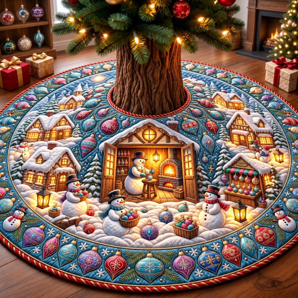 Made-To-Order Snowman Glassmaker Village Tree Skirt - Artisan Glassmaker Village With Snowmen, Custom Holiday Tree Base Decor