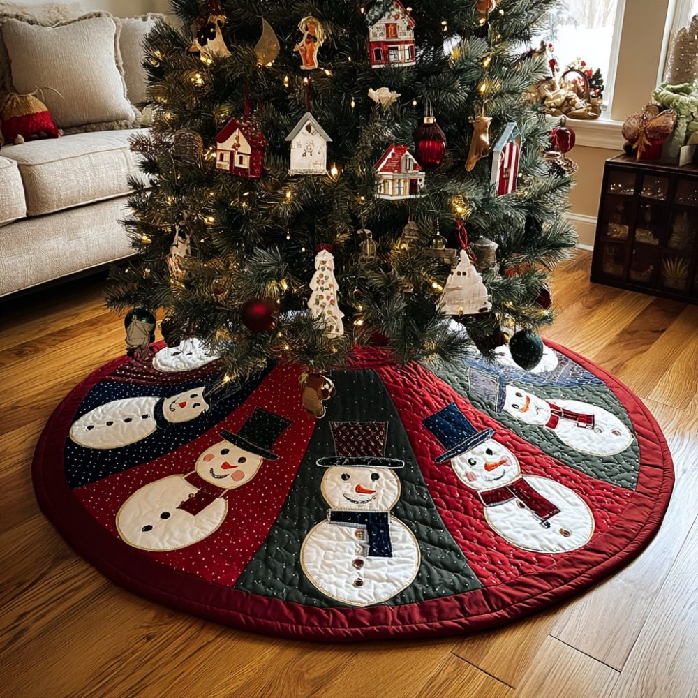 Snowman Harmony Handmade Christmas Tree Skirt — Custom Holiday Tree Skirt With Charming Snowman Motif, Multiple Sizes