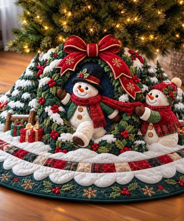 Classic Snowman Holiday Tree Skirt — Personalized Quilted Christmas Skirt, Soft Felt Backing & Vibrant Prints, Custom Sizes Available