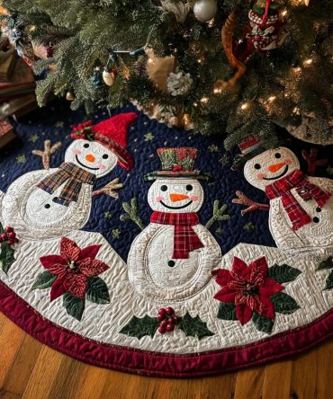 Snowman Trio & Poinsettia Holiday Tree Skirt — Custom-Made Festive Skirt, Handcrafted For Christmas Cheer