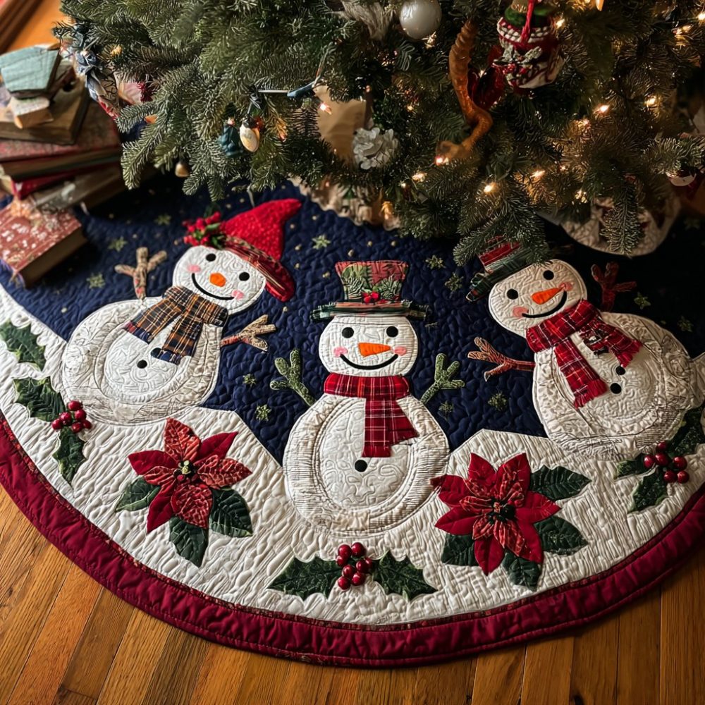 Snowman Trio & Poinsettia Holiday Tree Skirt — Custom-Made Festive Skirt, Handcrafted For Christmas Cheer