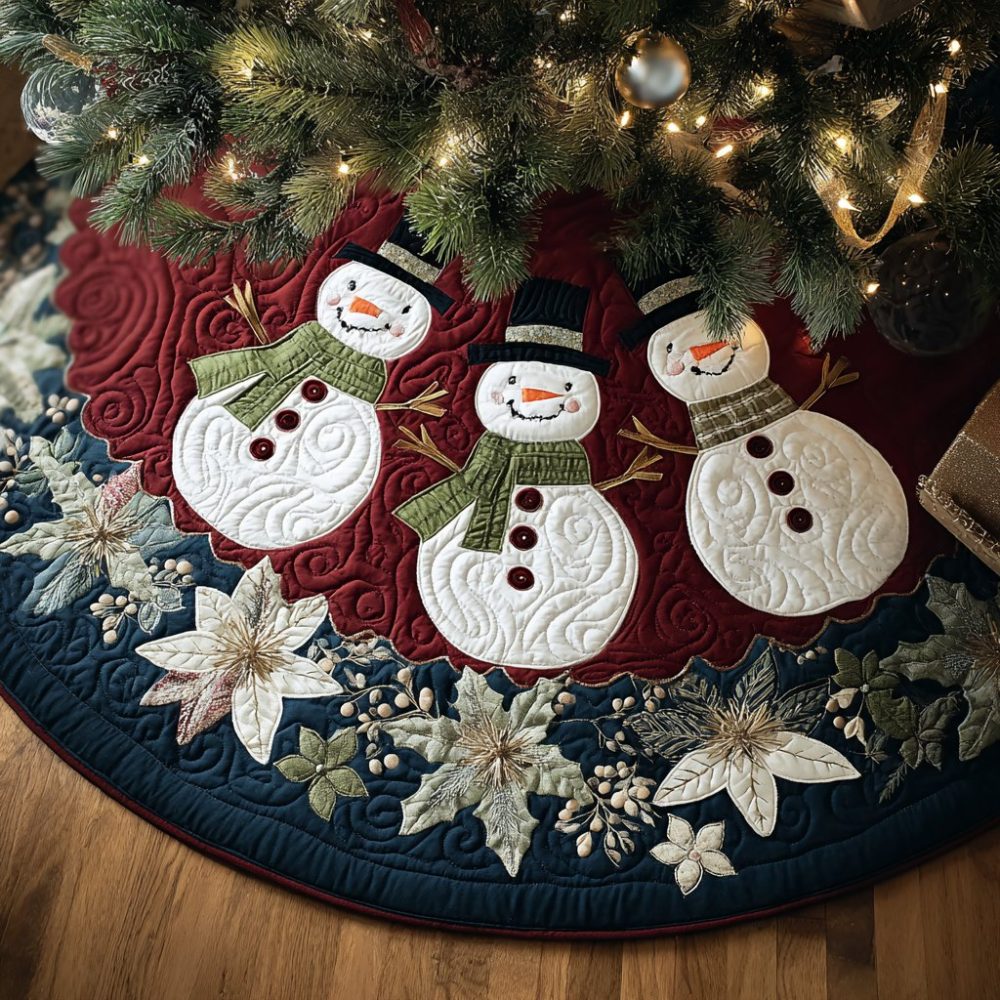 Premium Handmade Snowmen & White Poinsettia Christmas Tree Skirt — Custom-Made Holiday Tree Skirt, Multiple Sizes