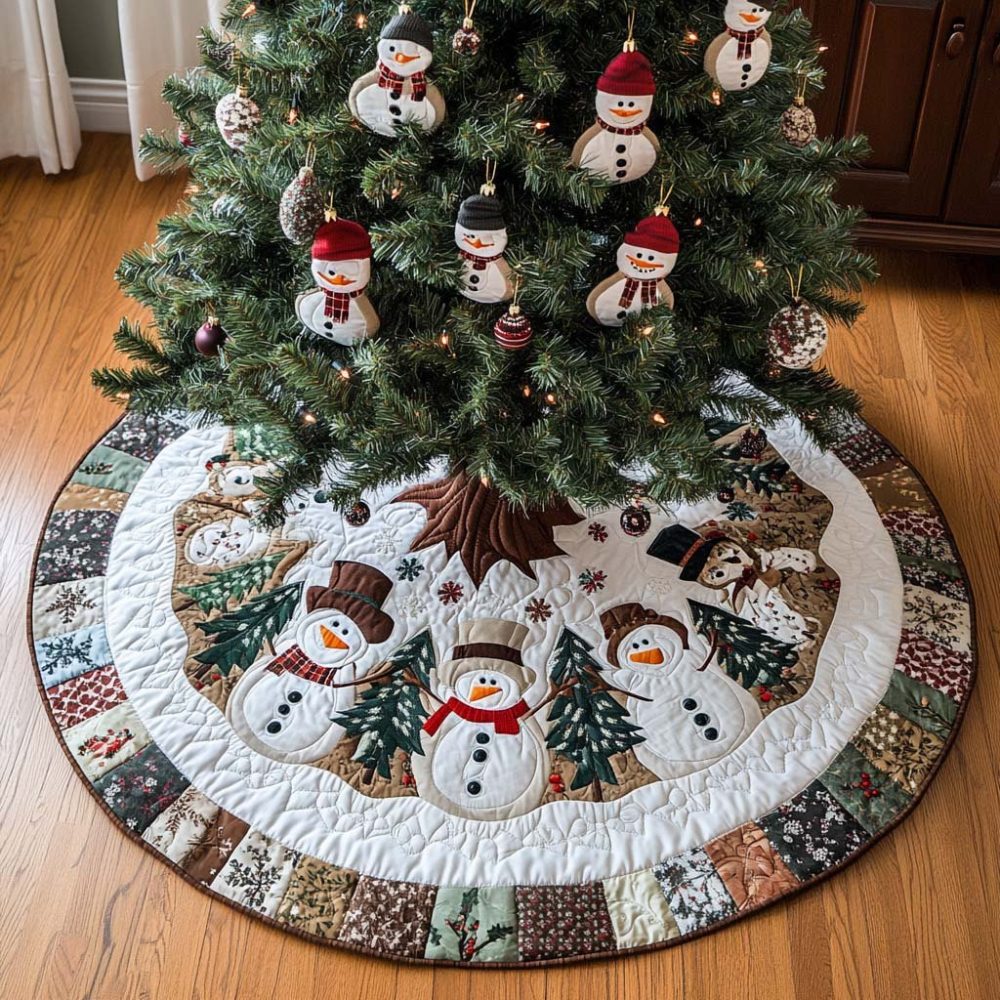 Snowman Village Patch Hem Christmas Tree Skirt — Made-To-Order Holiday Village Skirt, Handcrafted & Durable