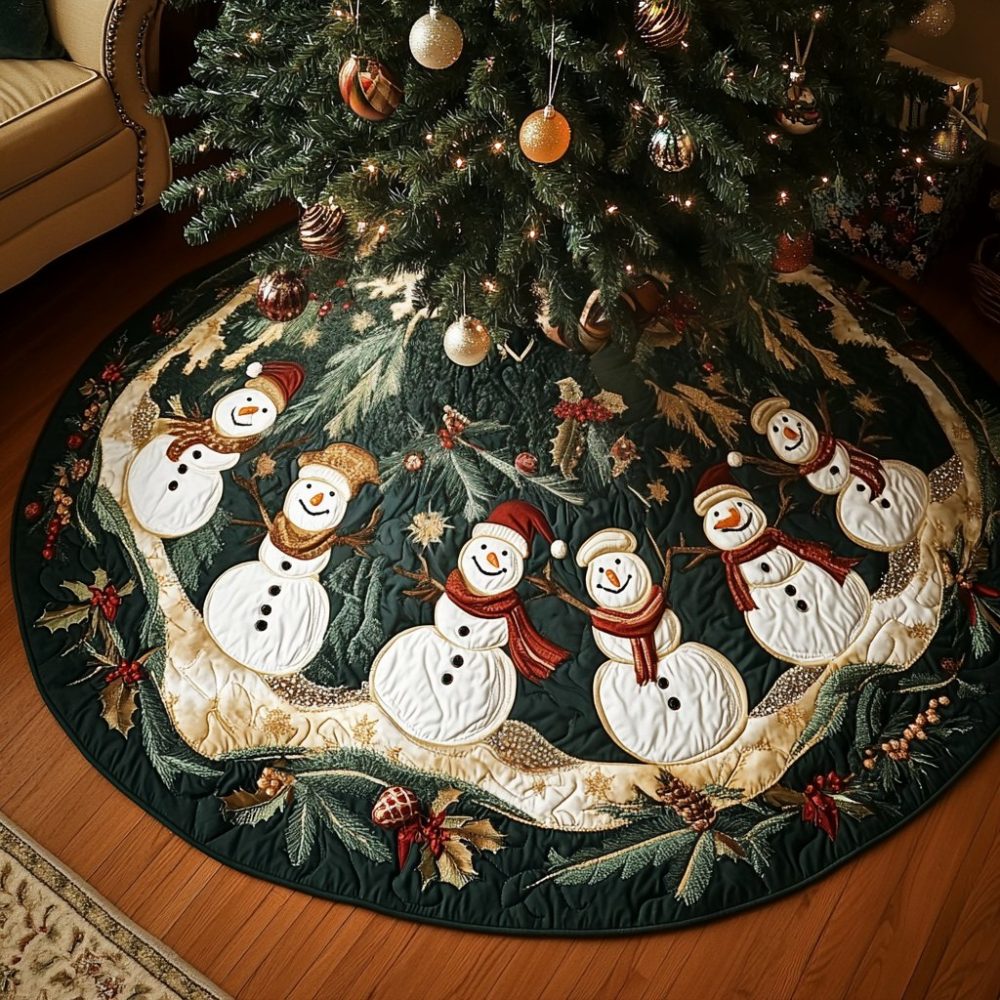 Snowmen In The Green Snow Field Tree Skirt — Handmade Rustic Christmas Tree Collar, Custom Felt Holiday Decor With Nature Charm