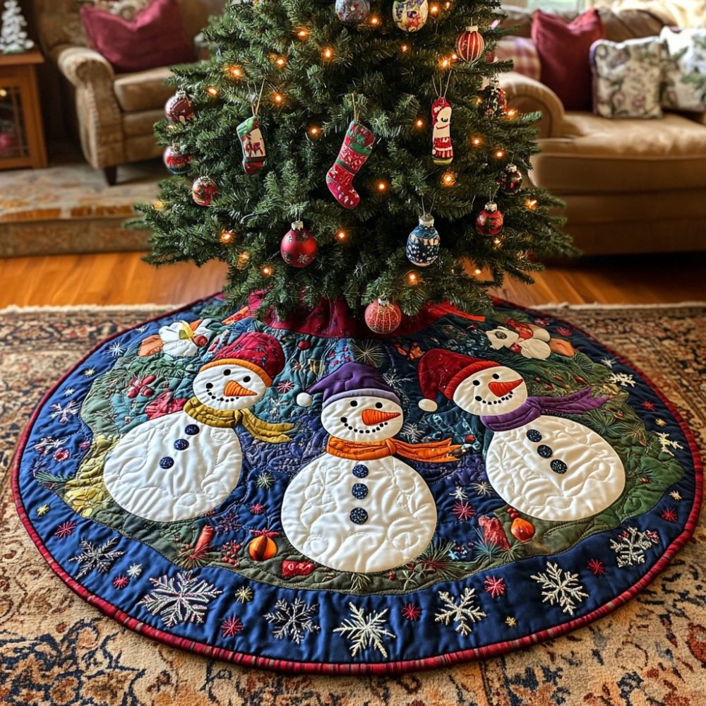 Blue Snowflake Ring With Snowmen Tree Skirt — Handmade Christmas Tree Collar, Custom Festive Felt Skirt In Winter Blues