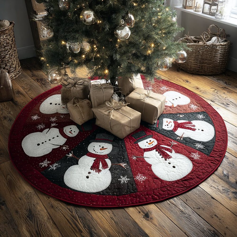Patch Wedge Snowman Pair Tree Skirt — Handmade Cozy Christmas Tree Collar, Custom Felt Holiday Decor For Charming Trees