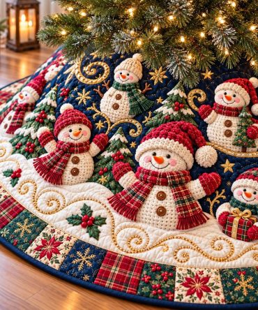 Midnight Snowman Christmas Tree Skirt - Custom Made Holiday Decor With Deep Blue Stars, Plush Trim & Gift-Ready