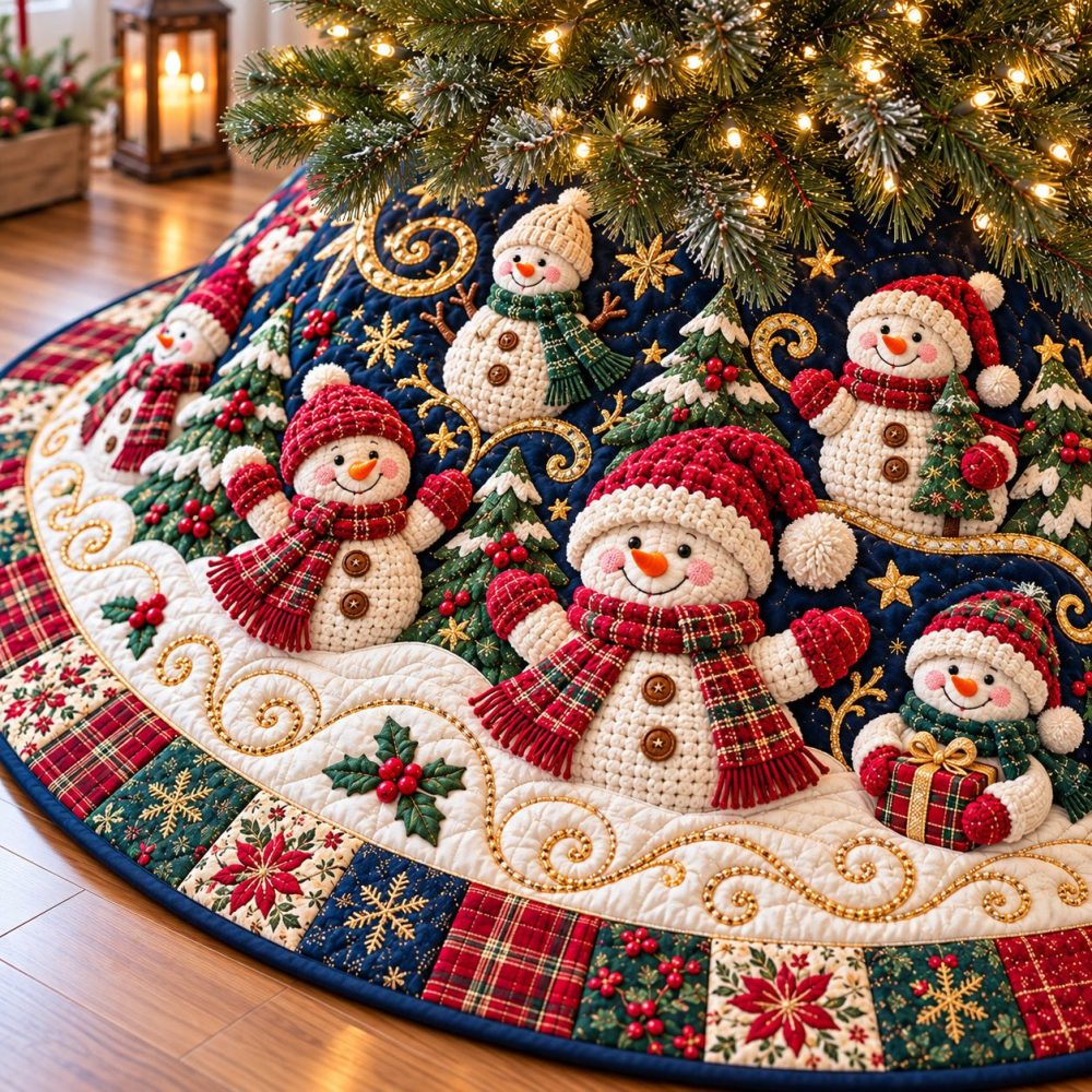Midnight Snowman Christmas Tree Skirt - Custom Made Holiday Decor With Deep Blue Stars, Plush Trim & Gift-Ready