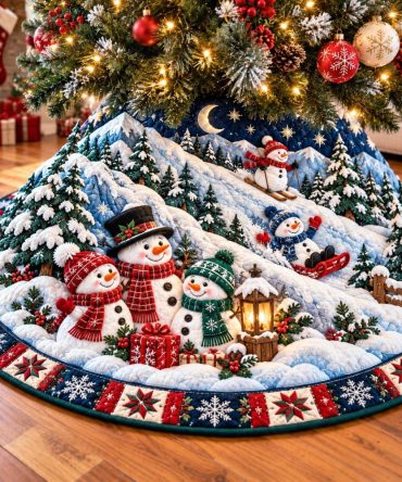 Handmade Snowman Mountain Adventure Tree Skirt — Custom Rustic Christmas Tree Base Cover, Personalized Winter Lodge Holiday Décor