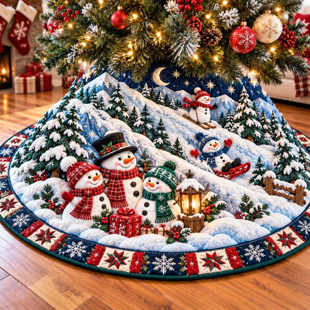 Handmade Snowman Mountain Adventure Tree Skirt — Custom Rustic Christmas Tree Base Cover, Personalized Winter Lodge Holiday Décor