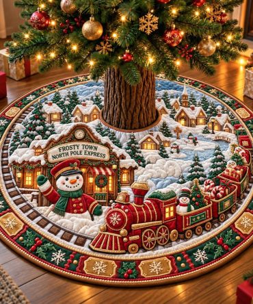 North Pole Express Snowman Christmas Tree Skirt - Handcrafted Made-To-Order Holiday Train Scene, Premium Winter Decor For Family Gatherings