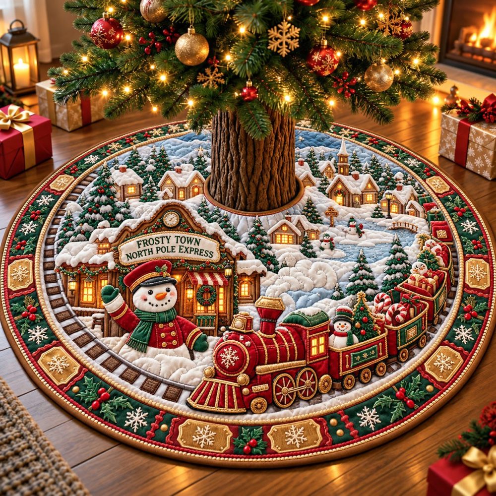 North Pole Express Snowman Christmas Tree Skirt - Handcrafted Made-To-Order Holiday Train Scene, Premium Winter Decor For Family Gatherings