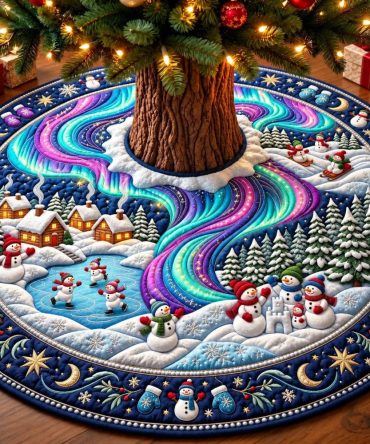 Northern Lights Snowman Wonderland Custom Tree Skirt — Aurora-Inspired Holiday Décor, Premium Felt & Custom Sizing For Dramatic Winter Displays