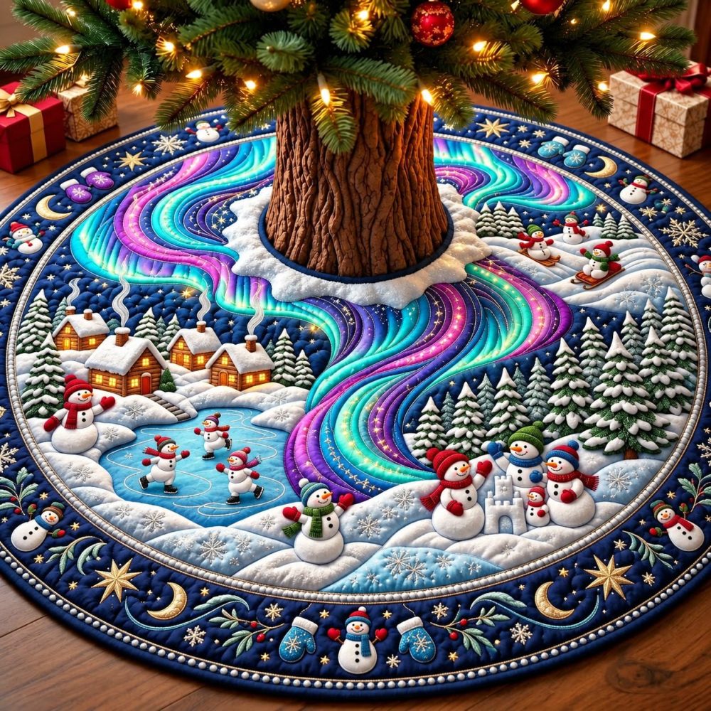 Northern Lights Snowman Wonderland Custom Tree Skirt — Aurora-Inspired Holiday Décor, Premium Felt & Custom Sizing For Dramatic Winter Displays