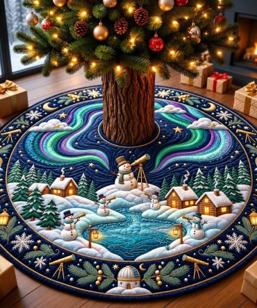 Made-To-Order Snowman Observatory Christmas Tree Skirt - Whimsical Snowman Village Observatory Scene, Festive Holiday Base