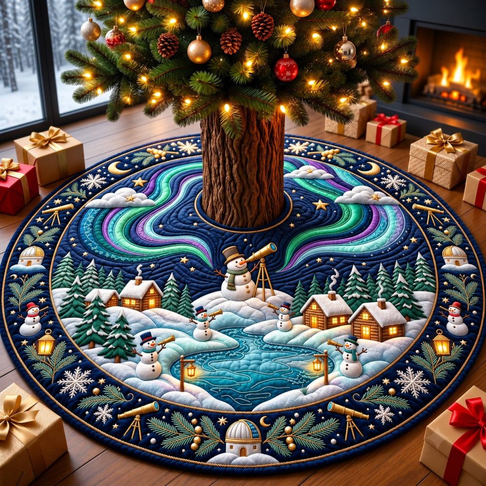 Made-To-Order Snowman Observatory Christmas Tree Skirt - Whimsical Snowman Village Observatory Scene, Festive Holiday Base