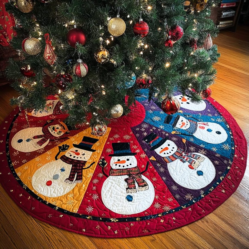 Handmade Snowman Scene Christmas Tree Skirt — Custom Festive Tree Collar, Cozy Felt Holiday Decor For Family Gatherings