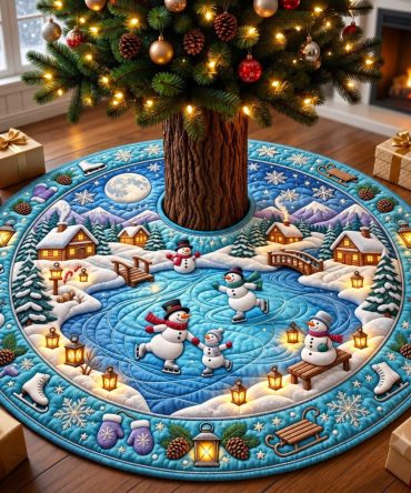 Made-To-Order Snowman Skating Lake Tree Skirt - Ice Skating Snowman Holiday Scene, Custom Winter Christmas Tree Base Decoration
