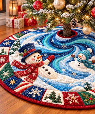Snowy Adventure Snowman Tree Skirt — Custom-Made Holiday Quilt With Playful Snowman & Snowflakes, Perfect Gift, 54-60" Options