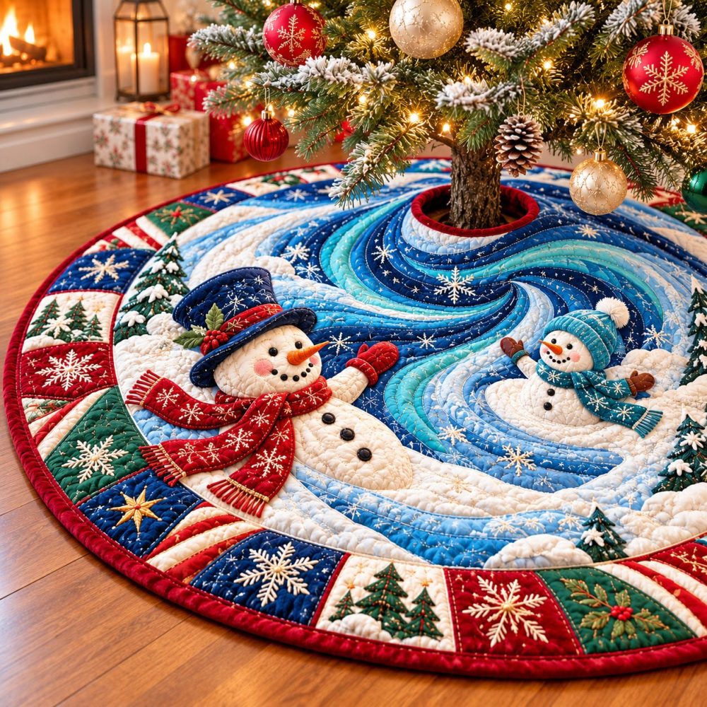 Snowy Adventure Snowman Tree Skirt — Custom-Made Holiday Quilt With Playful Snowman & Snowflakes, Perfect Gift, 54-60" Options