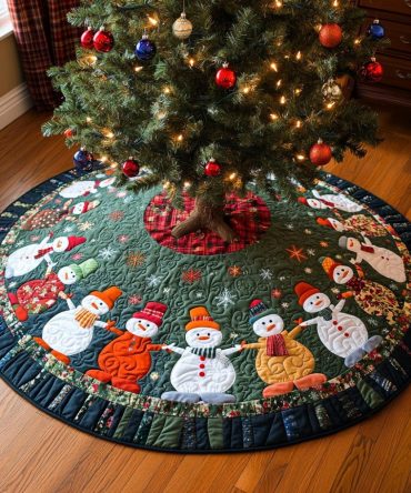 Snowman Spirit Holiday Tree Skirt — Handmade Christmas Tree Collar, Custom Felt Skirt For Warm And Whimsical Decor